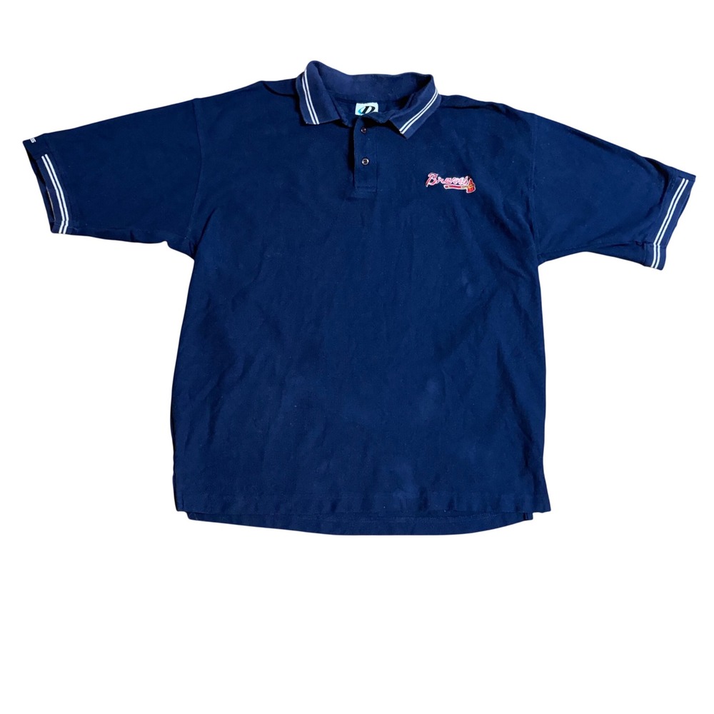 90s Dynasty Atlanta Braves Polo Shirt Mens XL Navy Blue MLB Embroidered Logo VTG